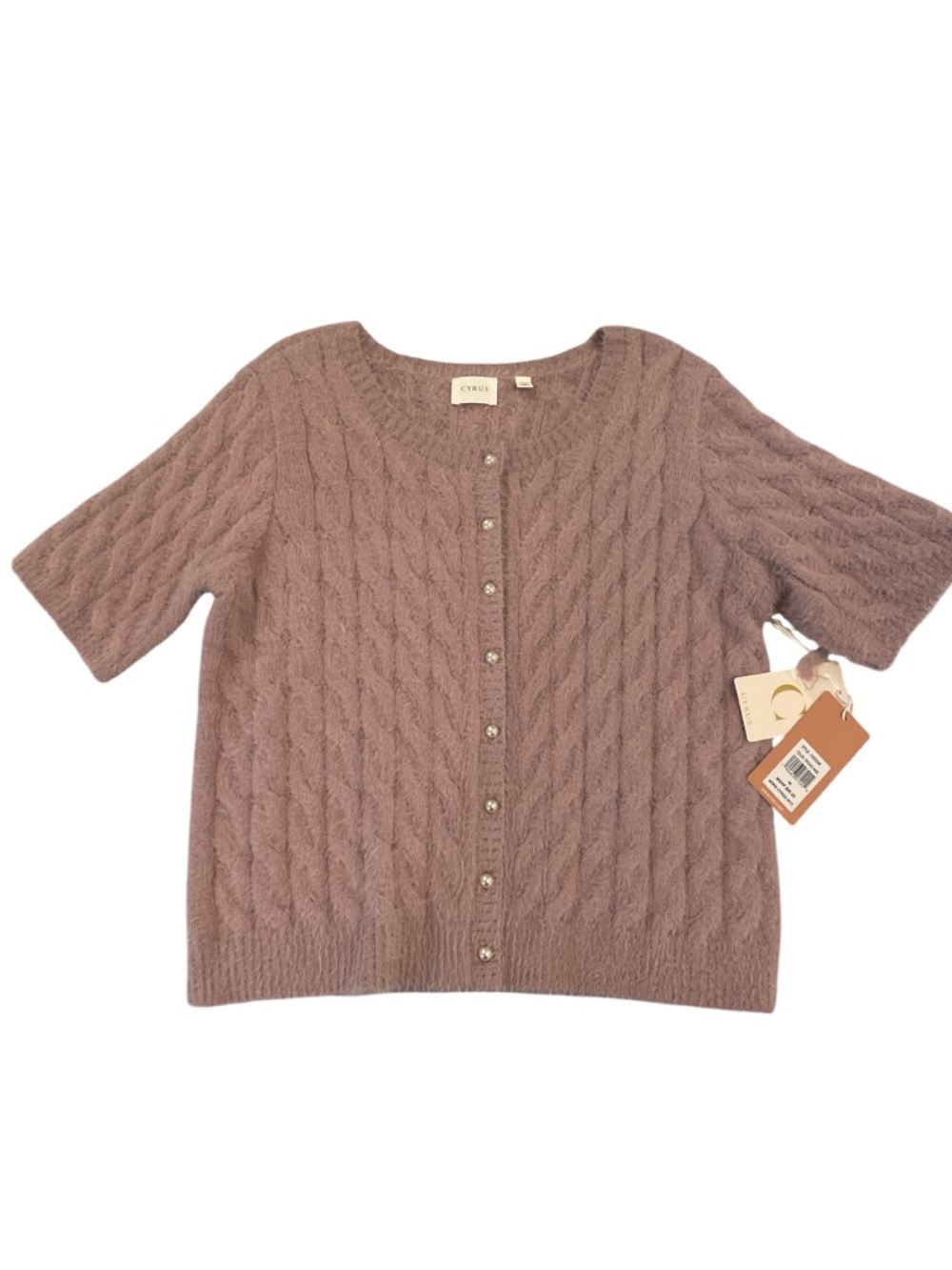 Cyrus Eyelash Short Sleeve Cable Knit Cardigan with Pearl Buttons M Lilac NWT